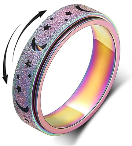 GAUEIOUR Anxiety Rings Spinner Rings,Rotating Star Moon Matte Titanium Steel Frosted Hollowed Out Decompression Ring,Star and Moon Accompanying Couple Ring(Size P)