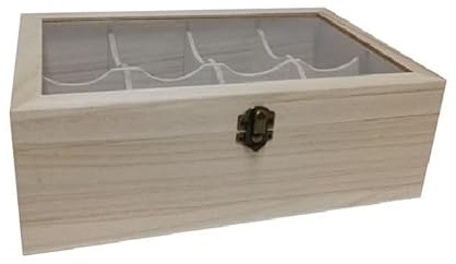 Cofanetto in legno con 8 scomparti separatori scatola porta bustine di tè tisane capsule portagioie vetro trasparente da decorare decoupage