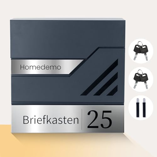 HOMEDEMO Briefkasten personalisiert mit Zeitungsfach, Postkasten mit Namensschild, Wandbriefkasten mit Hausnummer, 2 Dämpfer, 4 Schlüssel, Anthrazit