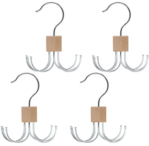 LMSAWK 4 Pezzi Rotazione a 360 Gradi Appendiabiti per Cravatte, Portacinture in Legno, Appendiabiti Per Cravatta, Per Calzini, Cintura, 6 Ganci, Colore del Legno