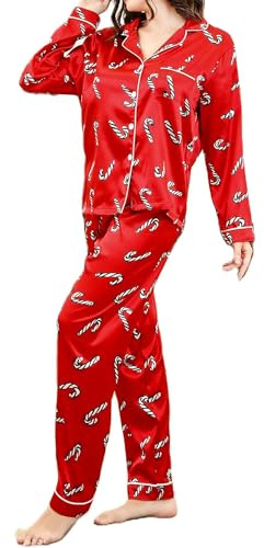 Fiacafyo Women Feather Christmas Pajamas Set Long Sleeve Lapel Button Up Shirt Tops + Pants 2 Piece Pjs Sleepwear Silk Loungewear (D-Red Candy Cane, M)