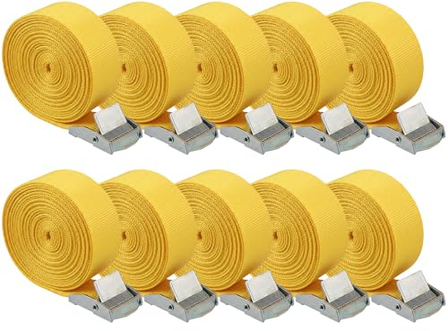 Cinghie di Tensione con Cricchetto 10 Pezzi, Cinghie di Fissaggio Regolabili 2,5cm x 2,5m Cinghia di Ancoraggio per Portabici Moto Portapacchi Auto (Giallo)