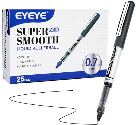 EYEYE 0.7mm Black Roller Ball Pens 25 Pack, Medium Point Rollerball Pen Quick Dry, Liquid Ink Pens Fine Point Smooth Writing Pens for Journaling, Note Taking, Office and School Supplies