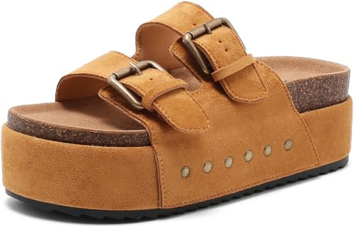 Foinledr pantoletter dam platå med kork fotbädd sandaler dam, dubbelt spänne justerbar, bekväma tofflor clogs, halkfri tjock sula, sommartofflor innetofflor, BRUN, 40 EU