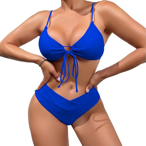 Meioro Bikini för Kvinnor, Triangelbaddräkt med Utskäringar, Tvådelar med V-hals, Låg Midja, Sexig med Knästnöre och Dragsko, Grön, Polyesterblandning, M