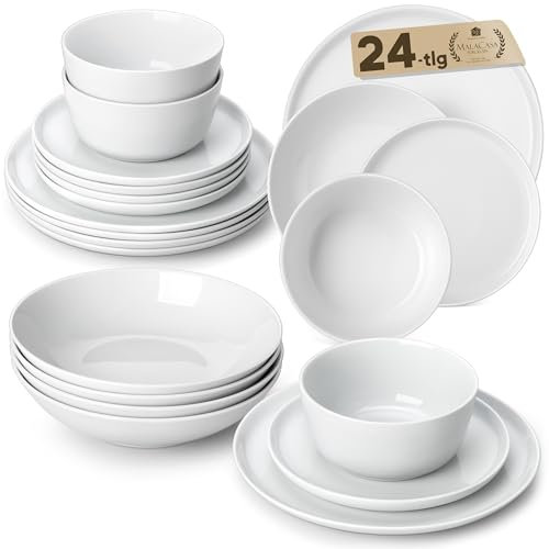 MALACASA Services de Vaisselle pour 6 Personnes, 24 Pièces en Porcelaine Blanc, Lot Assiette incluant 6 Assiettes Plates/Dessert, 6 Bols à Céréales et 6 Assiettes Creuses - Série LEXI