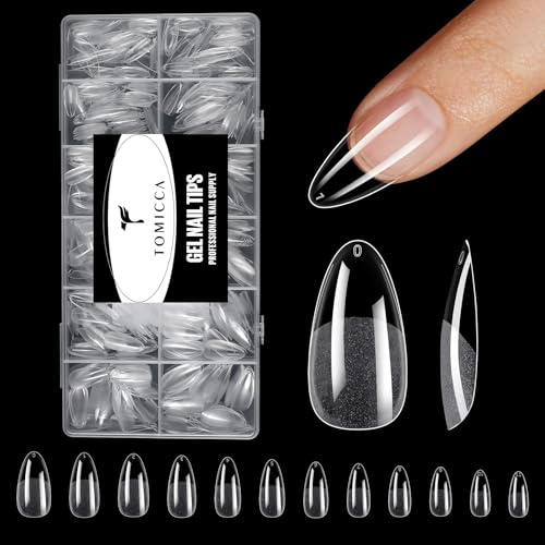 TOMICCA Medium Almond Nail Tips, 240Pcs Half Matte Clear Soft Gel Almond Shaped Nails Tip, Full Cover Acrylic Fake Nails for French Nail Extensions DIY Nail Art, 12 Sizes