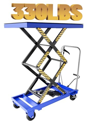 StructoMax Hydraulic Lift Table Cart - 330lbs Capacity, Easy Operation and Swivel Casters with Brakes - Double Scissor Lift for Material Handling and Transportation, Blue