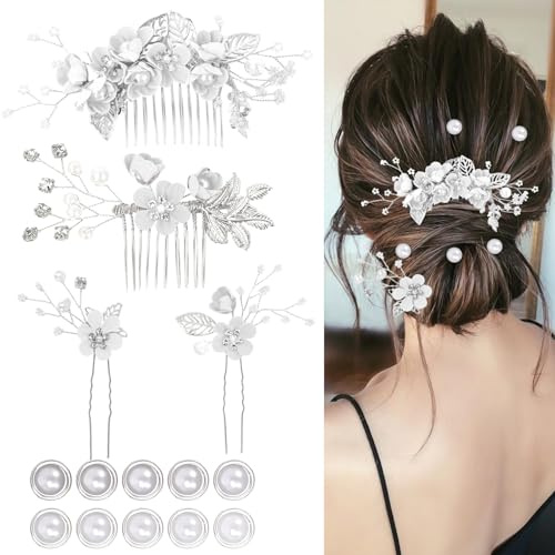 4 piezas de accesorios para el cabello de boda para mujer, elegantes horquillas de novia con flores para dama de honor, 10 piezas de horquillas de perla en espiral para mujeres y niñas (plateado)