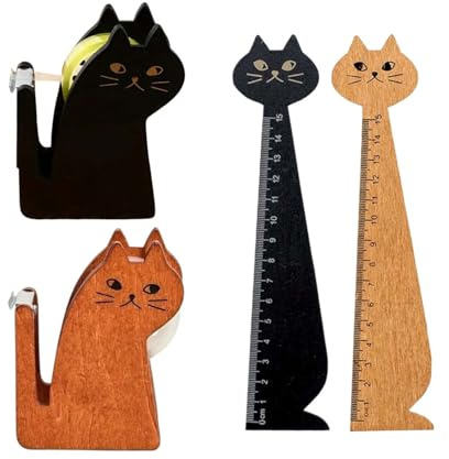 Kattform bordsdispenser tejp med en rulle tejp, kattlinjal, tejpdispenser vintage, söt katt bordsservetter av trä, för skärning av band, släta ytor