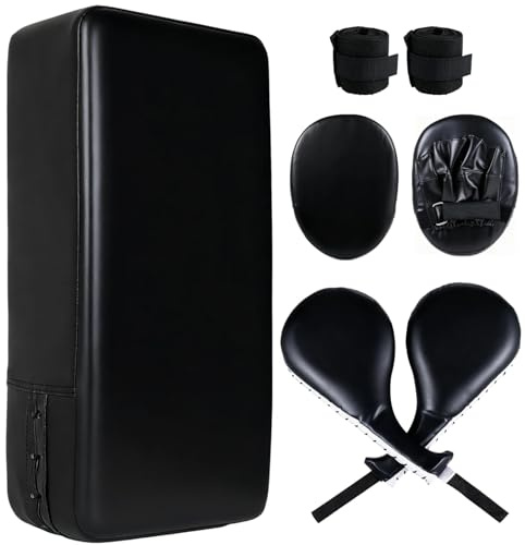 Tideme 7 in1 Taekwondo Kick Pad Set, Boxing Training Equipment, Martial Art Kicking Pad, PU Leather Boxing Focus Pad, Target Punching Pads and Hand Wraps for Karate, Sparring, MMA, Muay Thai,Black