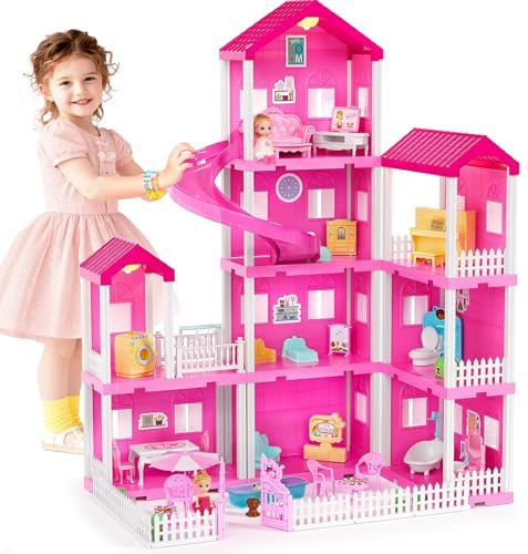 vamei 4 Pisos Casita de Muñecas Para Niñas con Muebles Casa de Muñecas, DIY Casa Muñecas con Completo de Accesorios, Muñecas, Dormitorio, Baño, Comedor, Piscina, Juguetes Regalo para Niños 3+ Años