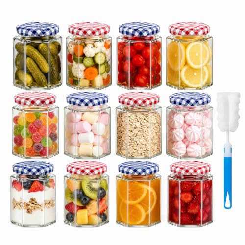 Glass Jam Jars 12Pack Hexagonal Storage Glass Jars with Screw Top 280ml/9oz | Red and Blue Gingham Lids Clear Airtight Preserving Glass Jars with Brush, for Marmalade Honey Spices Pickle Chutney