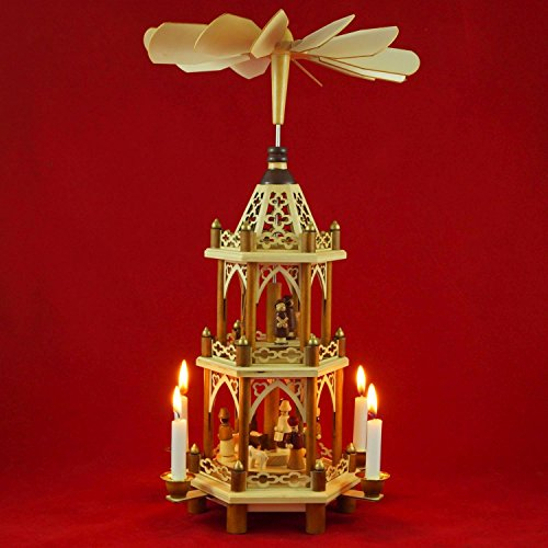 Wichtelstube-Kollektion Weihnachtspyramide Christi Geburt 3 Etagen Original 6 Pyramidenkerzen hochwertig Weihnachtsdeko Holz sehr leichtgängig Höhe 43cm