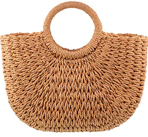 Frienda Straw Tote Bag Summer Beach Bag Handmade Straw Rattan Woven Handbag for Women Travel (12.6 x 2.36 x 8.66 Inch,Khaki)