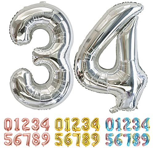 Ponmoo Foil Balloon Number 34/43 Silver, Giant Numbers 0 1 2 3 4 5 6 7 8 9 10-19 20-29 30-39 40-49 50-60-70-80-90-100, Large Balloons for Wedding Anniversary Birthday Party Decoration