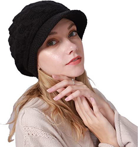 Mujeres Grueso Lana Forrado Tejer Flexible Gorrita Tejida con Visera Mujer Gorros de Punto con Coleta Beanie Sombrero Invierno Suave Cálido Elástico Beanie Hat para Mujer