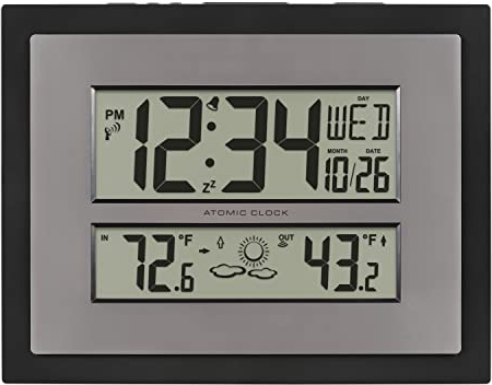 La Crosse Technology 512-85937-INT Atomic Digital Wall Clock with Temperature & Forecast in Gray/Silver