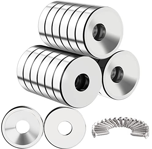 Wukong Neodym-magneter med hål 12 x 3 mm, 20 stycken, extra stark magnet, liten med skruvar, platta för magnetplatta, kök, kylskåp och verktygsrum