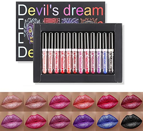 Holzsammlung 12 Colori Set Di Rossetti Lucidalabbra Scintillanti Metallizzati, Rossetto Liquido Brillante Diamantato Per Feste, Feste In Maschera, Cosplay, Natale, Halloween