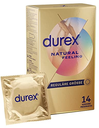 Durex Natural Feeling Kondome – Latexfreie Kondome aus Real-Feel-Material & mit anatomischer Easy-On-Form – 14er Pack (1 x 14 Stück)