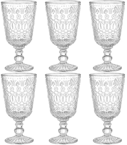 SOUJOY Set of 6 Vintage Wine Glasses, 10oz Clear Glass Goblet, Handmade Pressed Water Drinking Cup with Stem for Party, Wedding