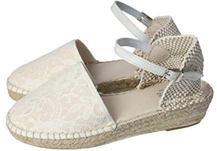 MADE IN SPAIN 223 Espadrilles pour COMMUNION ou Cérémonie de Toile beige Ivoire avec des fleurs fabriquées à Caravaca de la Cruz, Espagne FILLE Chaussure COMMUNION, blanc ivoire, 40 EU