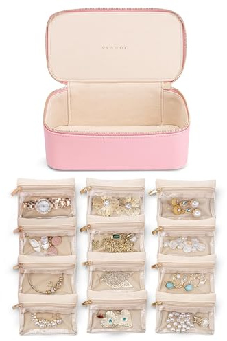 VLANDO Travel Jewellery Case,PU Leather Jewellery Organiser with 12 Velvet Jewellery Pouch, Jewellery Box for Necklace,Ring, Gifts for Women