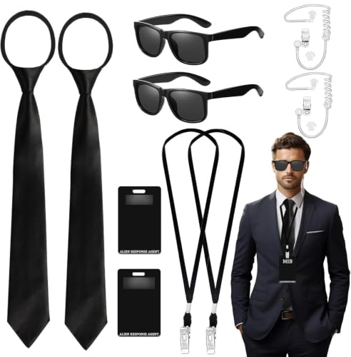 Agent Costume Accessories Set, Secret Agent Dress Up Kit with ID Holders Black Ties Sunglasses Earpieces Inflatable Green Aliens for Women Men Halloween Cosplay Carnival Fancy Dress