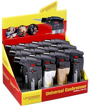 ROTHENBERGER Industrial 12x Sturmfeuerzeug | Universalbrenner | Lötbrenner | wiederbefüllbar | Regulierbare und windsichere Flamme | schwarz, Silber, Kupfer
