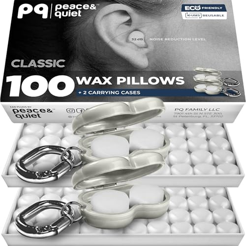 Peace&Quiet | PQ 100 Wax Ear Plugs for Sleeping - Silicone Wax Earplugs for Sleeping and Swimming, Gel Ear Plugs for Noise Cancelling, Sleeping Earplugs, Sound Blocking 32 Db (100 Pillows), White
