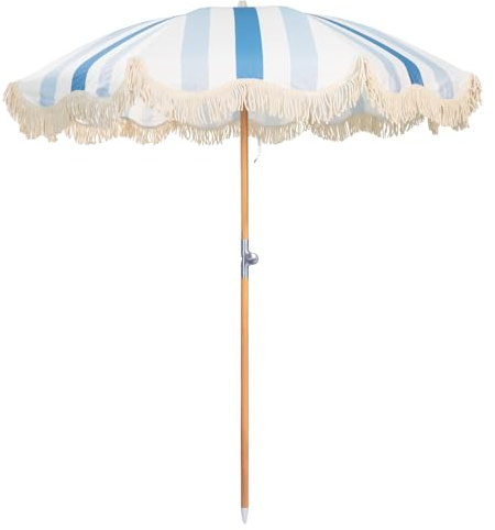 Mansader 2M Boho Beach Umbrella with Fringe, UPF 50+ Tassel Umbrellas with Carry Bag, Premium Wood Pole Foldable Patio Umbrella for Outdoor Garden Lawn Pool Yard Table Blue Grey