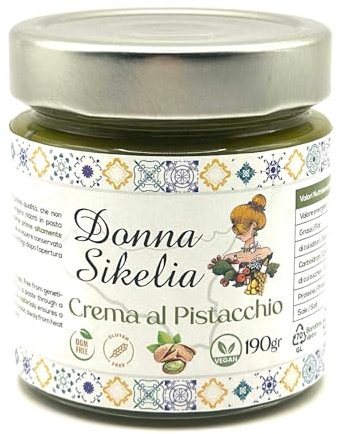 Crema di Pistacchio 100% Vegan – Senza Glutine e Senza Zuccheri Aggiunti – Lavorazione Artigianale con Pistacchi Mediterranei | 190g - Donna Sikelia