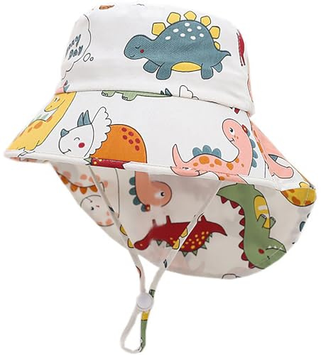 XYIYI Dinosaure Blanc Chapeau de Soleil à Large Bord Evec Rabat pour 1-3 Ans Bébé Enfants Casquette de Plage à Séchage Rapide