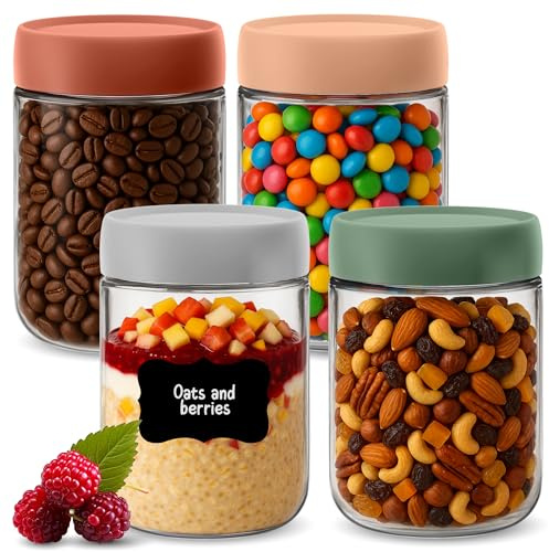 HEFTMAN Overnight - Barattoli per avena con coperchio, confezione da 4 barattoli ermetici in vetro da 500 ml, vasetti colorati per la colazione con coperchio, per yogurt, budino di semi di chia