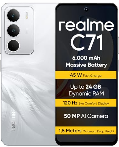 realme C71 Smartphone 8+256 GB, Batteria da 6.000 mAh, Ricarica rapida da 45 W, Display con comfort visivo da 120 Hz, White