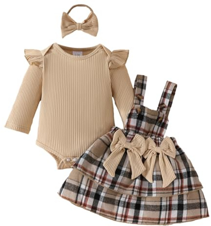 LUVCES Ensemble Jupes Nouveau-né Fille Manche Longue/Courte à Volants Haut + Salopette à Carreaux/Nœud Papillon Robe à Bretelles Automne Hiver Vêtements