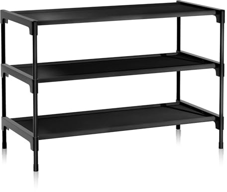 LINKINNO Schuhregal mit 3 Ebenen, Stapelbar Schuhregal aus Metall für 12 Paar Schuhe für Wohnzimmer, Flur, Schlafzimmer (70 x 30 x 45 cm, Schwarz) (Schwarz)