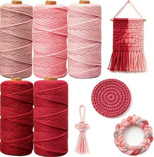 5 Stück Makramee Garn 3mmx50m, BetterJonny Baumwoll Bastelschnur Makramee Baumwollgarn 3mm Baumwollkordel Natur Bunte Baumwoll-Bastelschnur für Basteln Stricken Aufhängen DIY Handwerk-Rottöne