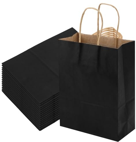 150 svarta papperspåsar med handtag, 15 x 8 x 21 cm, små presentpåsar | tillverkad av kraftpapper för bröllop, fest, fester, lastkapacitet 7,5 kg