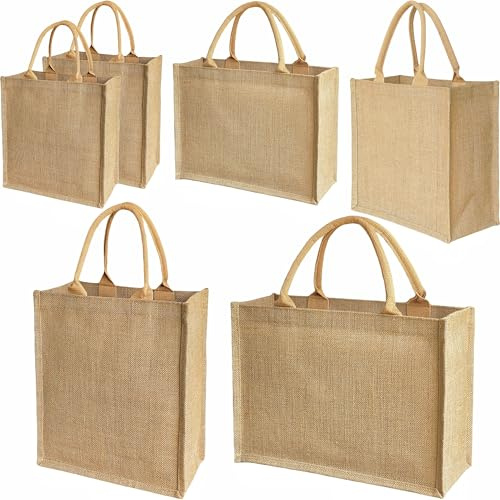 GOQAGA 6 PCS burlap tote bags Reusable DIY Jute Handbags Gift Shopping bag Multi Size Set (S,M,L,XL,XXL)