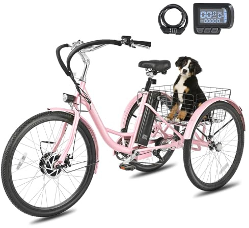VIRIBUS Electric Tricycle for Adults, 350W 7 Speed Electric Trikes with 468Wh Removable Battery, 24 inch 3 Wheel Electric Bicycles for Seniors Women 330 lb. Pink