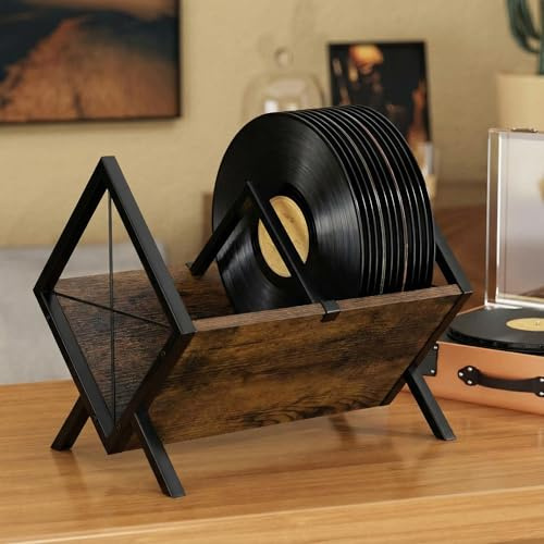 Lifegogo Vinyl Record Storage Rack: Wooden Metal 80 LP Vinyl Records Display Rack Brown Record Storage Holder with Adjustable Divider for Albums CDs Magazine Books Files