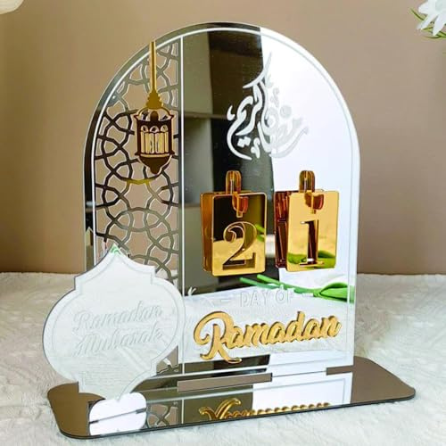Barnkalender i trä – DIY redovisning kalender siffror och måne, stabil ramadan-dekoration för vardagsrum, bord, islamisk dekoration gåva och speciell för familjer (silver + guld)