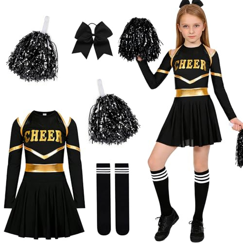 GOUYENG Disfraz de Animadora para Niña,Disfraz Cheerleader,Uniforme Cheerleader,Uniforme de Cheerleaders,con Pompones y Calcetines A Rayas y Tocado,para Carnaval,Mardi Gras,Fiesta Temática