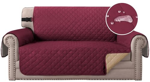 H.Versailtex Sofa Cover 2 Seater, Water Resistant Sofa Protectors From Pets, Washable Sofa couch covers with Elastic Strap, Quilted Sofa Slipcover for Kids/Dogs (Burgundy/Tan)