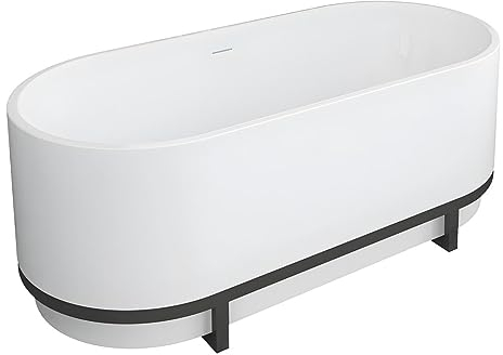 Vente-unique-Bañera exenta ovalada con acabados de metal - 230 L - 160 x 75 x 60 cm - Blanco - Acrílico - PLECO