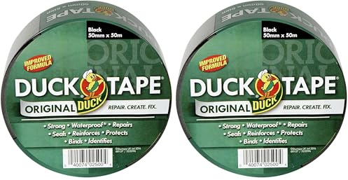 Duck Original Black Tape, 50mm x 50m, Improved Formula High Strength Waterproof Gaffer and Duct Adhesive Cloth Repair Tape (Pack of 2)