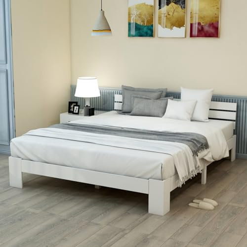 Sweiko Lit en Bois, 140 x 200CM Chambres à Coucher Lit Double avec Tête de Lit avec Sommier à Lattes Base Convient aux Adultes et aux Adolescents Blanc (sans Matelas) (White)