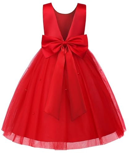 JerrisApparel Vestido Niña Flores Elegante Ceremonia Boda Fiesta Cumpleaños (5-6 años/Etiqueta 120, Rojo)